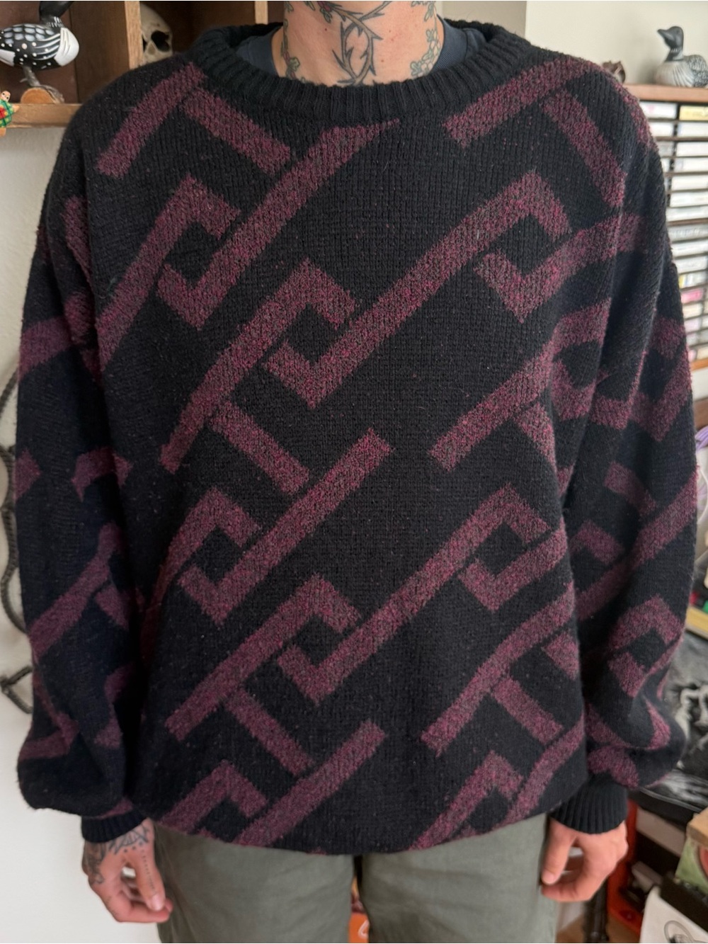 Vintage 80s Wool Blend Geometric Knit Sweater ~ Size XL